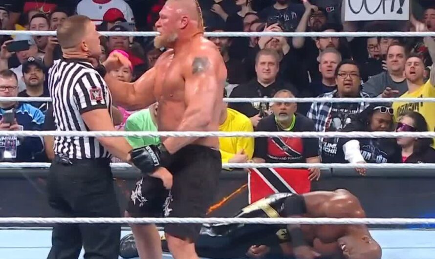 Brock loses the match by DQ, destroys referee and Bobby Lashley