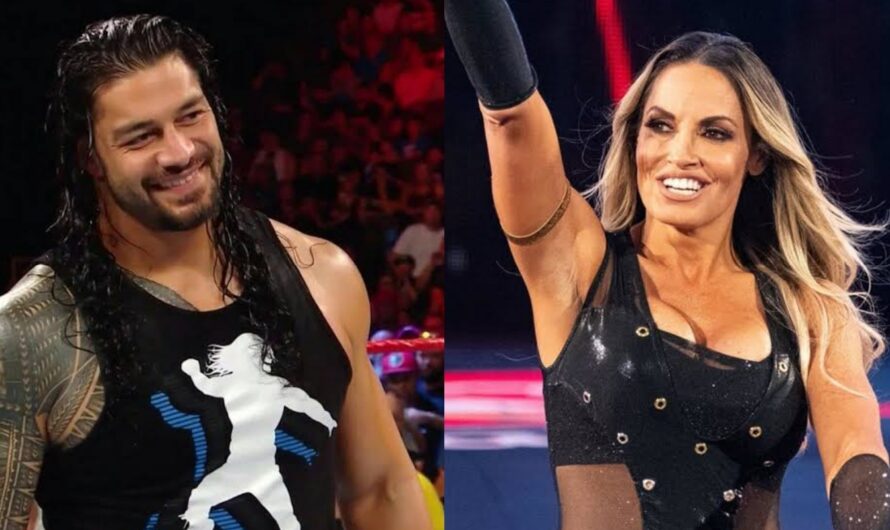 Trish Stratus reacts to teenage Roman Reigns posing with her cutout